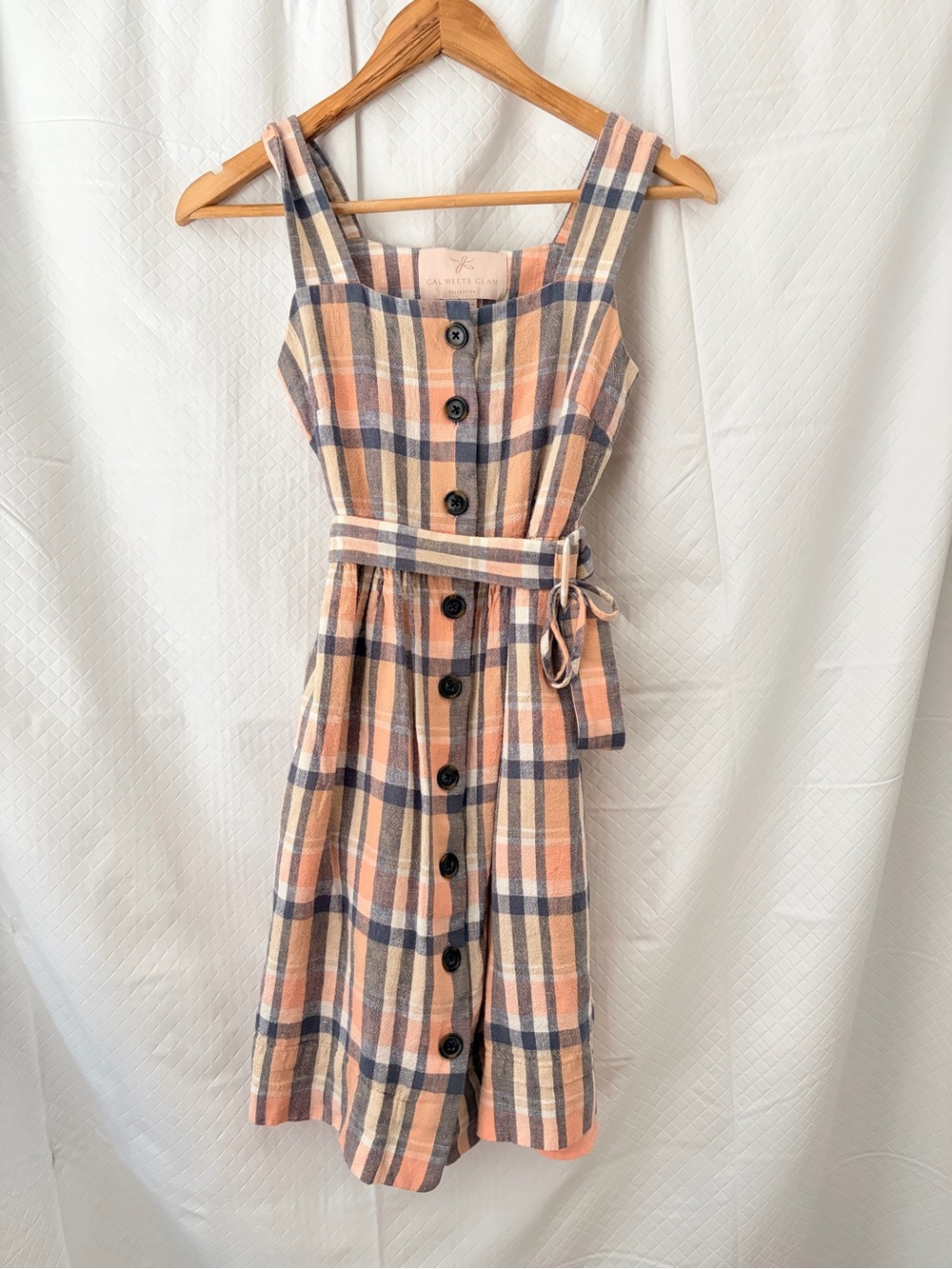 Gal Meets Glam Peach and Navy Plaid Midi Dress with Button Front